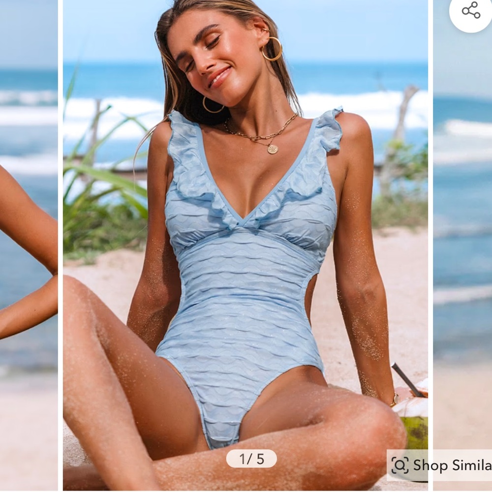 Light Blue Ruffled Plunging One-Piece - Picture 6 of 6
